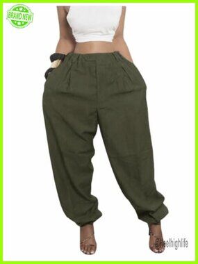 Women's Baggy Pleated High Waist Tapered Harem Pants with Pockets